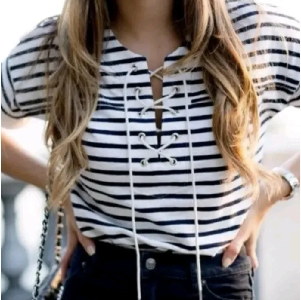 J. Crew Swingy Striped Poplin Lace Up Sailor T-Shirt Size XS